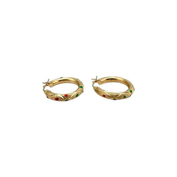 14K Yellow Gold Colored Stones Hoop Earrings #22723 - Picture 5 of 10